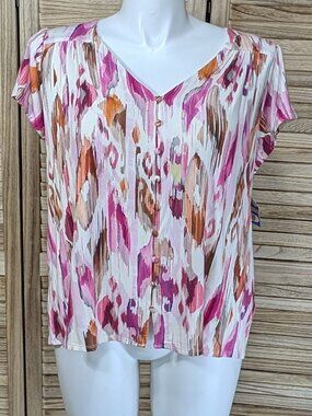 Liverpool Blouse V-Neck Button Front with Pink & Orange Ikat Print Size 1X